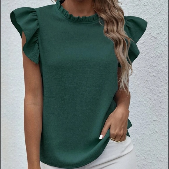 Elegant Classic Green Mock Neck Ruffle Butterfly Top Blouse Shirt - Picture 6 of 16